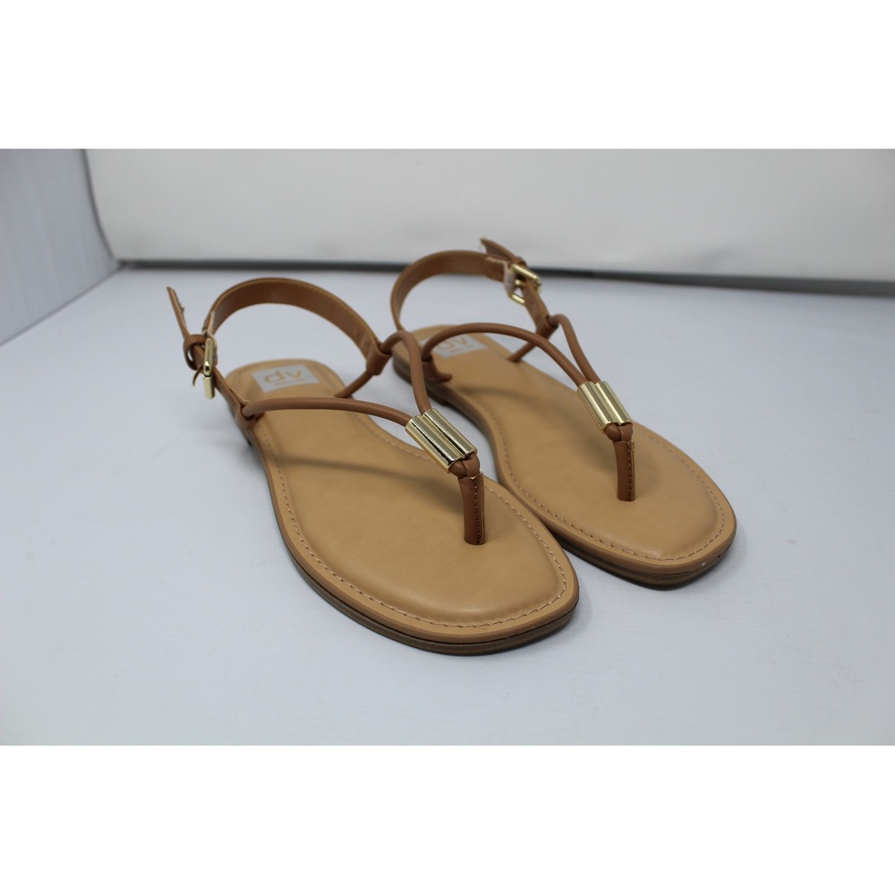 DV Dolce Vita Womens T-Strap Flat Sandals Cognac Brown Gold Hardware